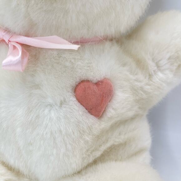 18" Vintage 1984 Dakin White Heart Throb Bunny Plush Pink Ribbon Flat Rabbit - Picture 10 of 10
